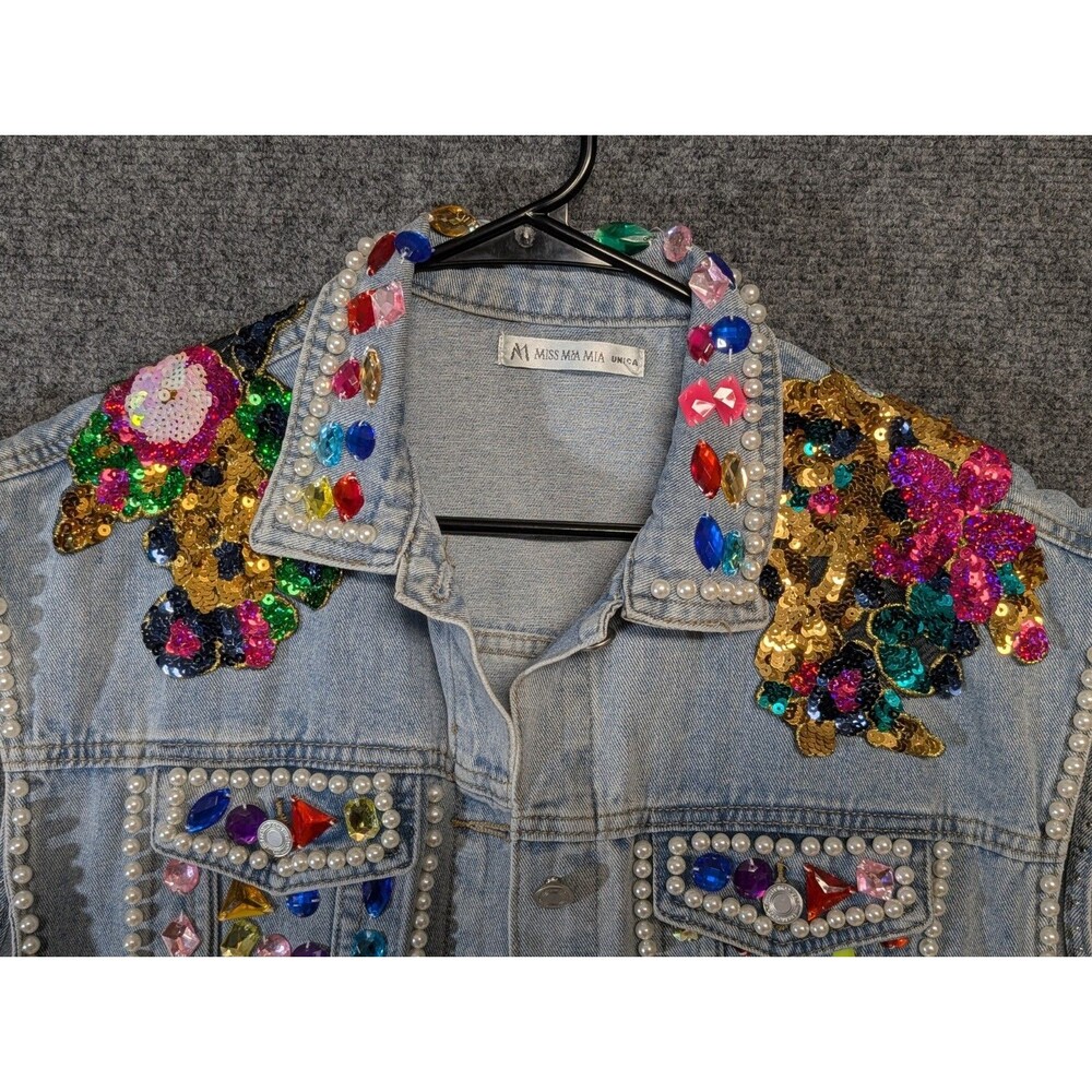 Handmade Denim Vest Pearl Embellished Sequin Floral Boho Festival Western - Picture 4 of 10